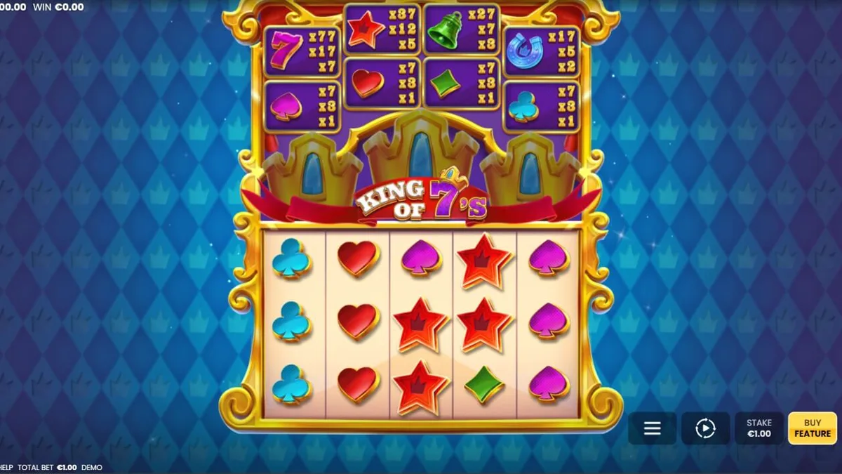 Ang makulay at royal na tema ng King of 7's slot machine