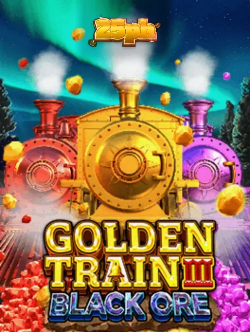 Isang visual na representasyon ng Golden Train III: Black Ore slot na nagpapakita ng mga tren at gintong ore sa isang canyon setting.